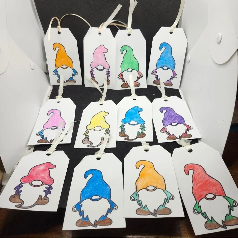 Hand Crafted Colorful Gnome Gift Tags Thank You Cards Set of 12